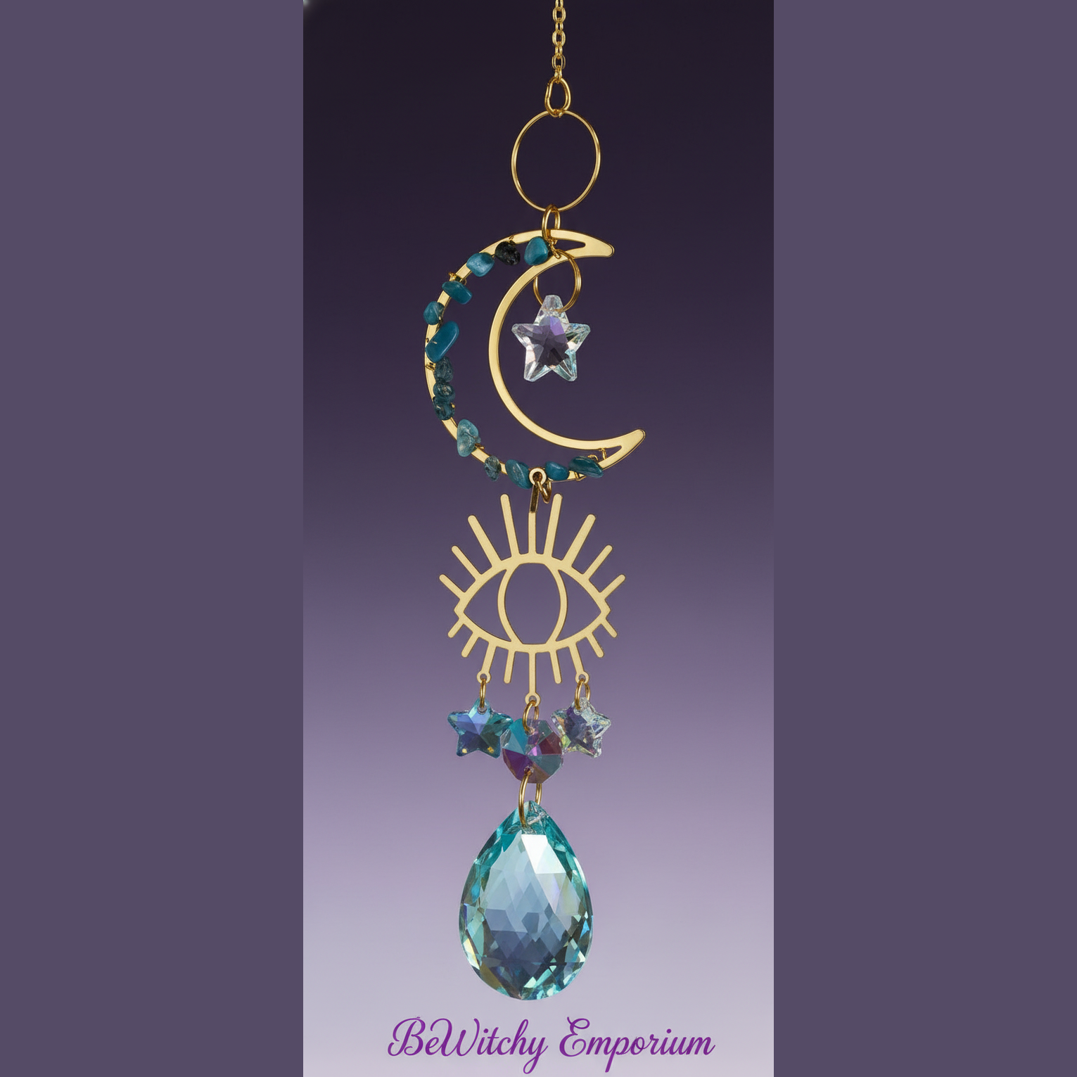 Exact celestial moon and eye suncatcher with clean professional styling and BeWitchy Emporium watermark