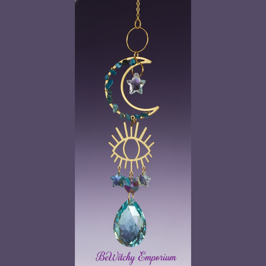 Exact celestial moon and eye suncatcher with clean professional styling and BeWitchy Emporium watermark