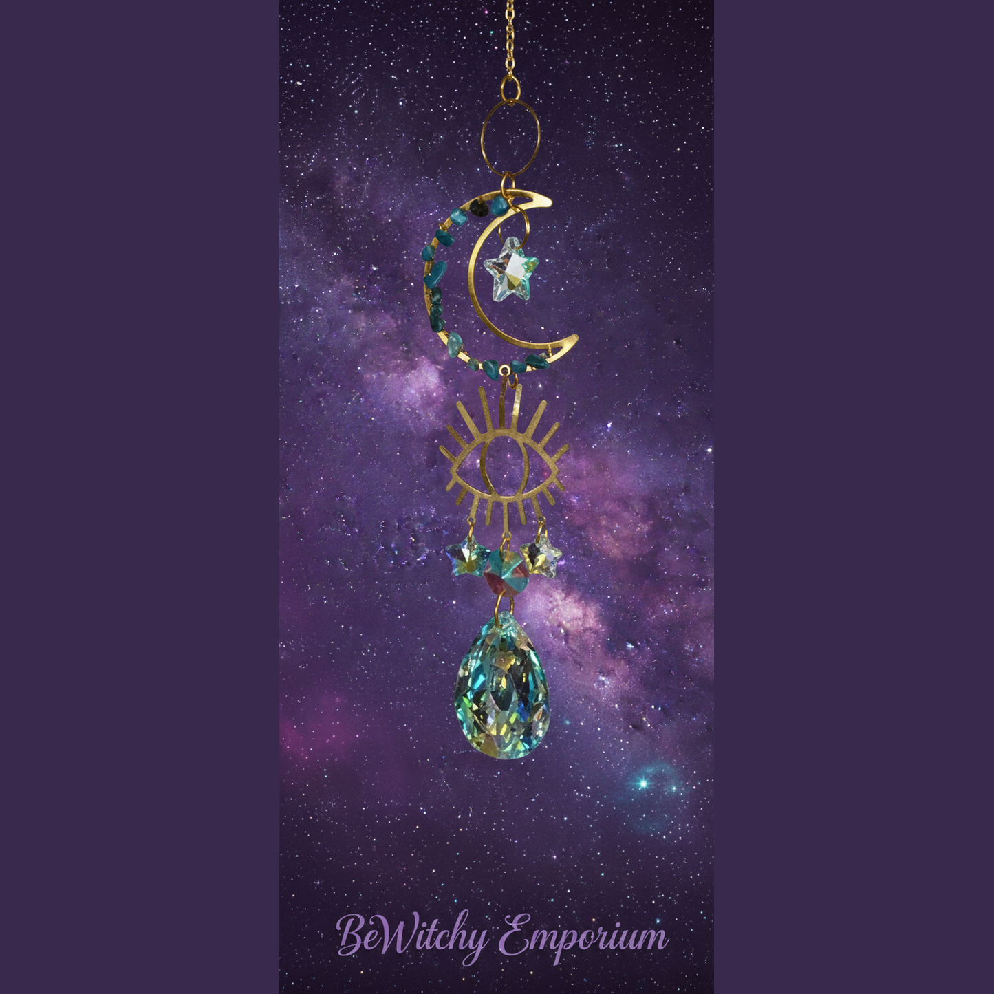 Exact celestial moon and eye suncatcher with cosmic mystical styling and BeWitchy Emporium watermark