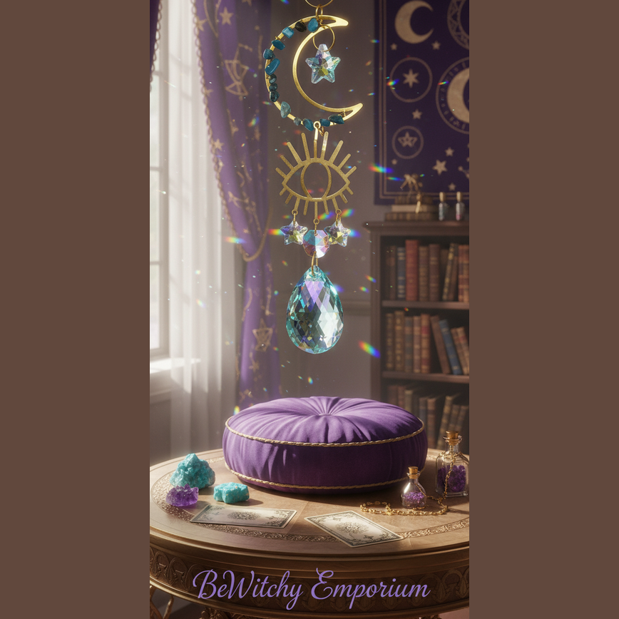 Exact celestial moon and eye suncatcher with premium celestial sanctuary ambiance and BeWitchy Emporium watermark