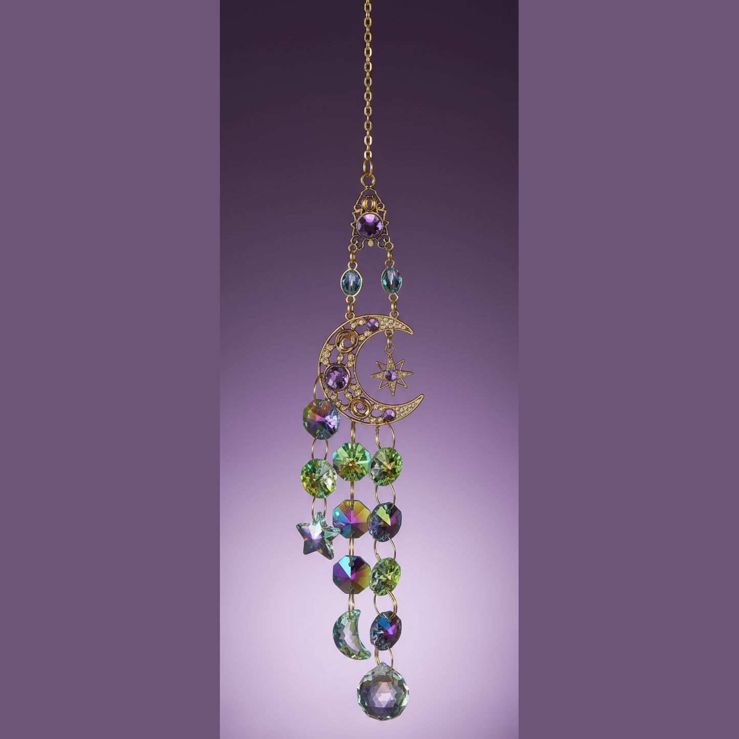 Exact celestial moon and star crystal suncatcher with clean professional styling and BeWitchy Emporium watermark