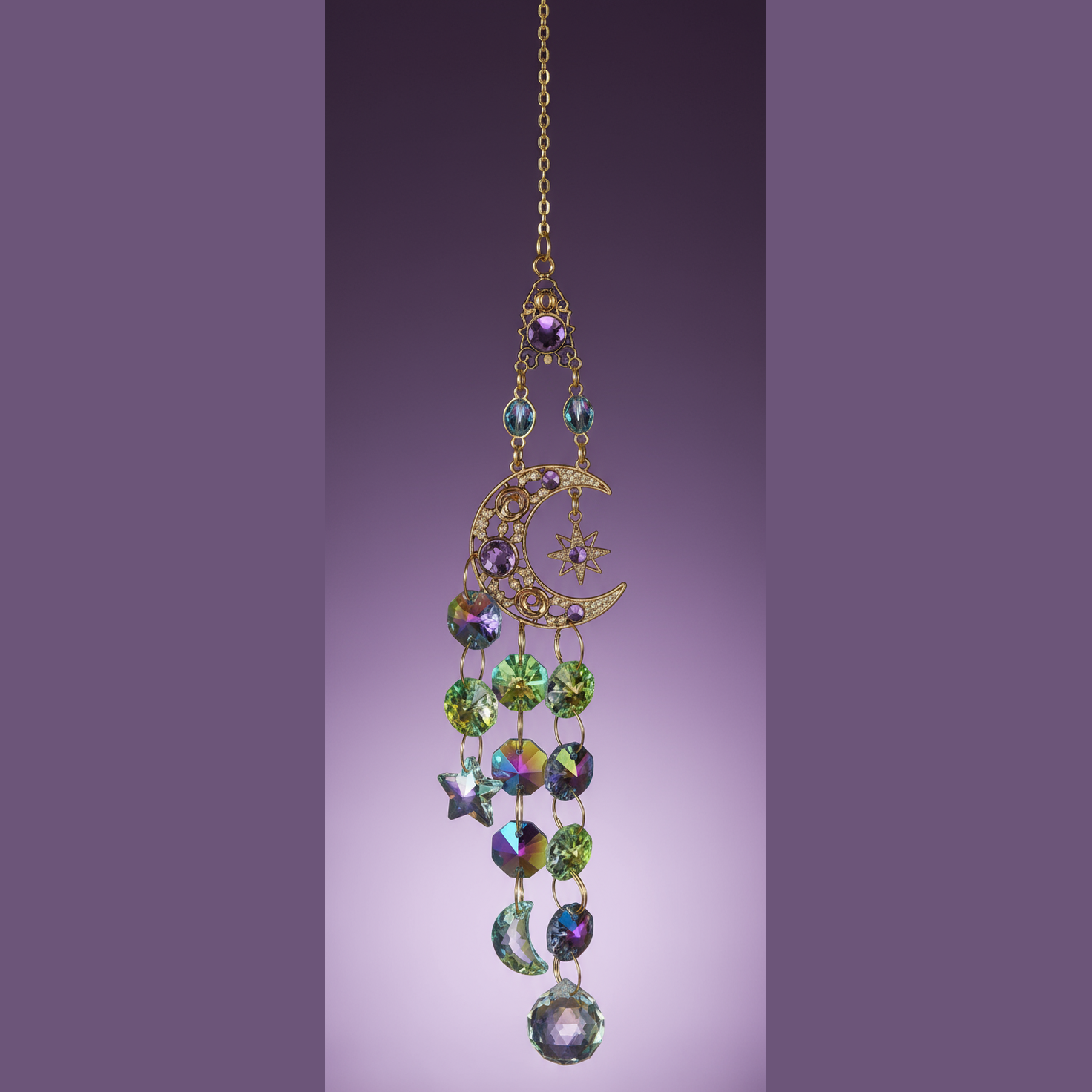 Exact celestial moon and star crystal suncatcher with clean professional styling and BeWitchy Emporium watermark