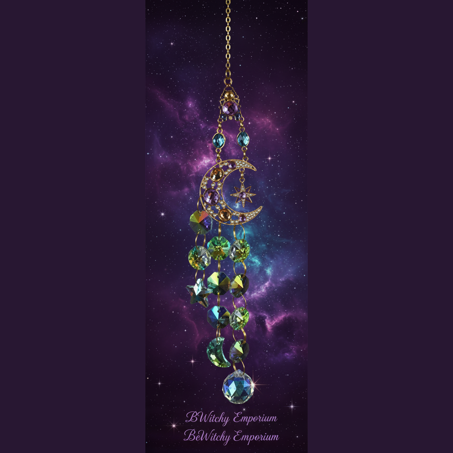 Exact celestial moon and star crystal suncatcher with cosmic mystical styling and BeWitchy Emporium watermark