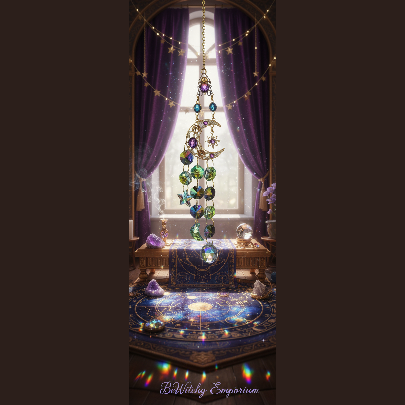 Exact celestial moon and star crystal suncatcher with premium celestial sanctuary ambiance and BeWitchy Emporium watermark