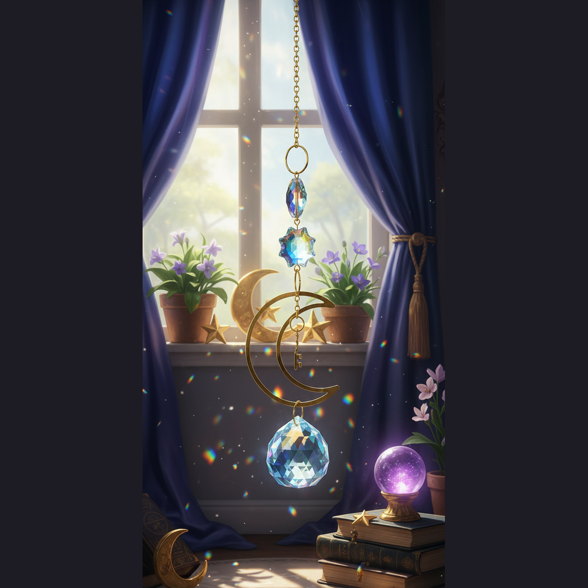 Exact celestial moon suncatcher with premium celestial sanctuary ambiance and BeWitchy Emporium watermark