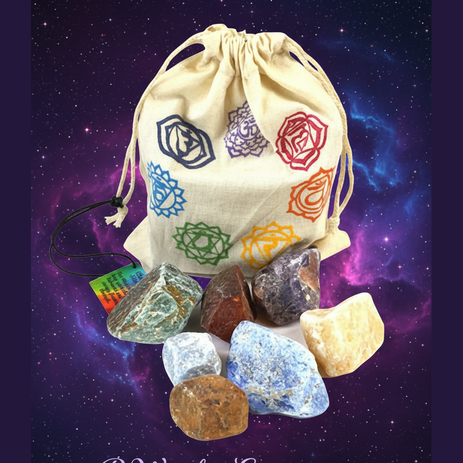 Exact chakra healing stone set with cosmic mystical styling and BeWitchy Emporium watermark
