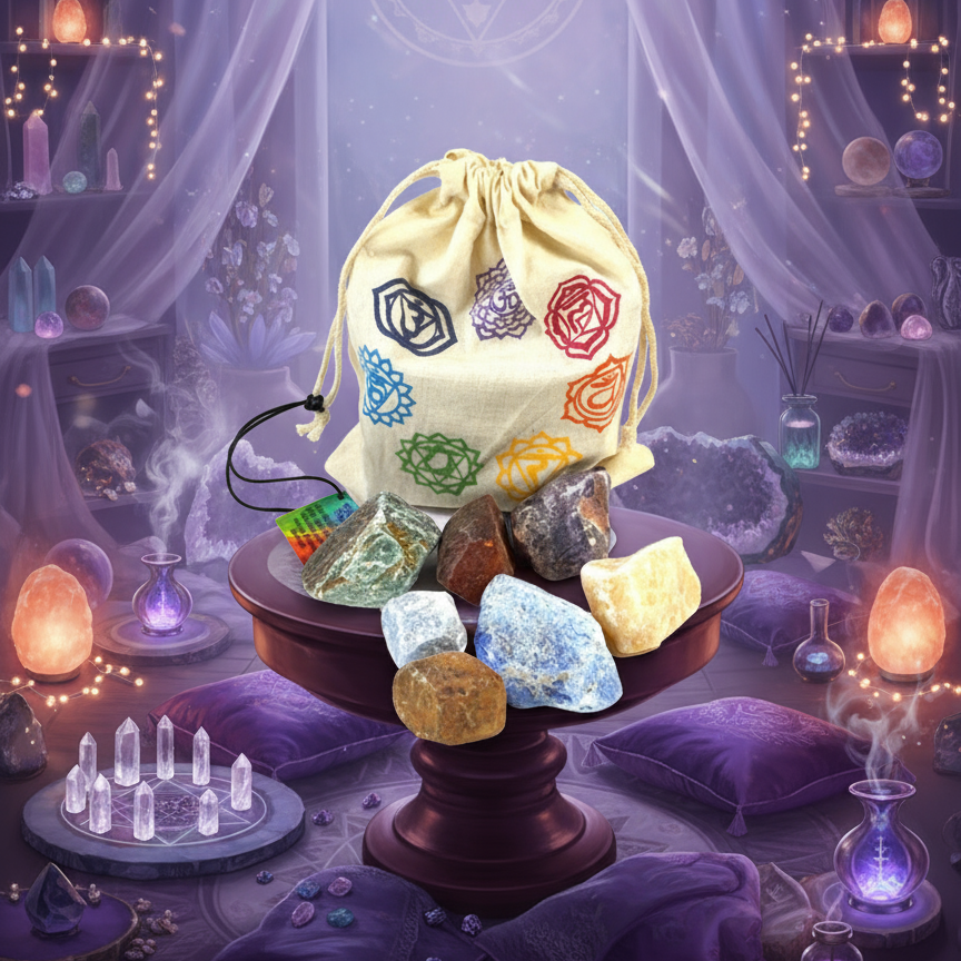 Exact chakra healing stone set with premium healing sanctuary ambiance and BeWitchy Emporium watermark