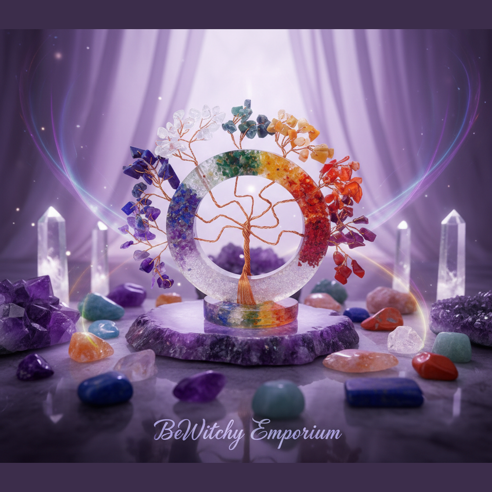 Exact chakra tree of life with premium healing sanctuary ambiance and BeWitchy Emporium watermark