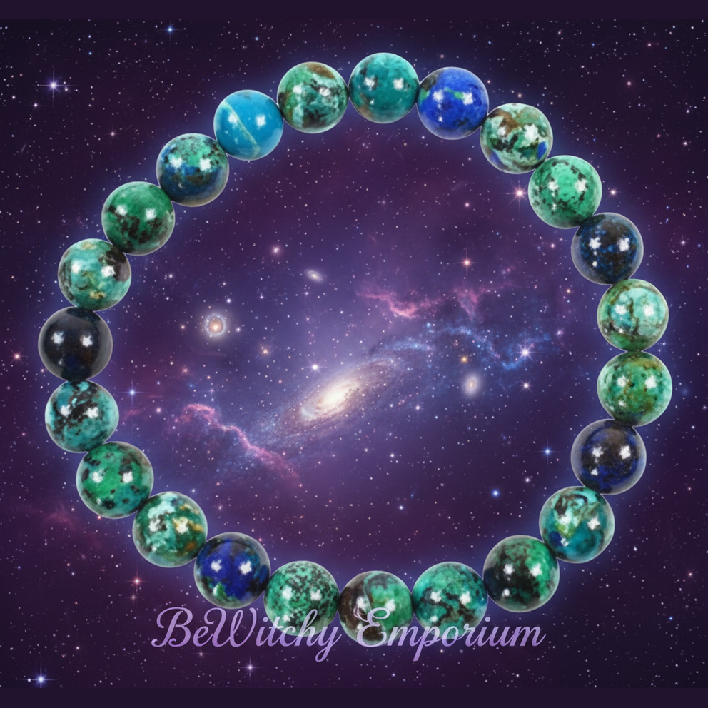 Exact chrysocolla bracelet with cosmic mystical styling and BeWitchy Emporium watermark
