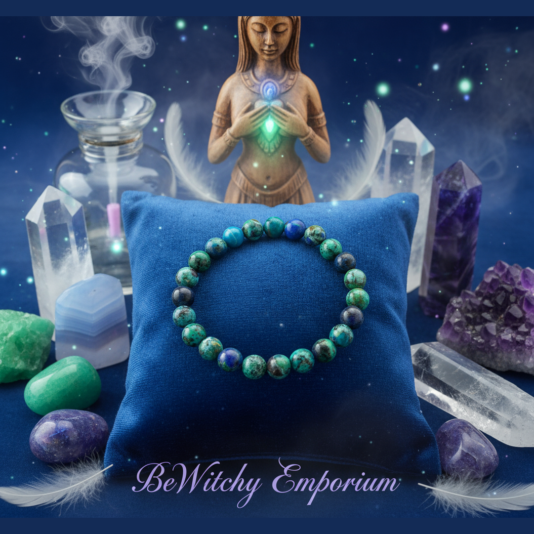 Exact chrysocolla bracelet with premium healing sanctuary ambiance and BeWitchy Emporium watermark