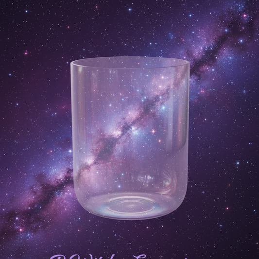 Exact clear glass cylinder vase with cosmic mystical styling and BeWitchy Emporium watermark