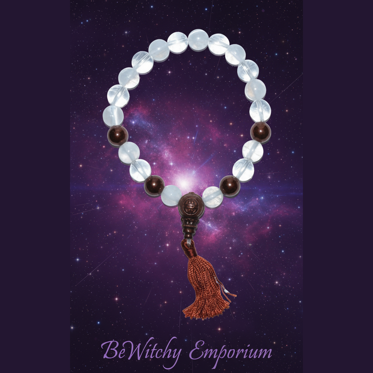Exact clear quartz and garnet mala bracelet with cosmic mystical styling and BeWitchy Emporium watermark
