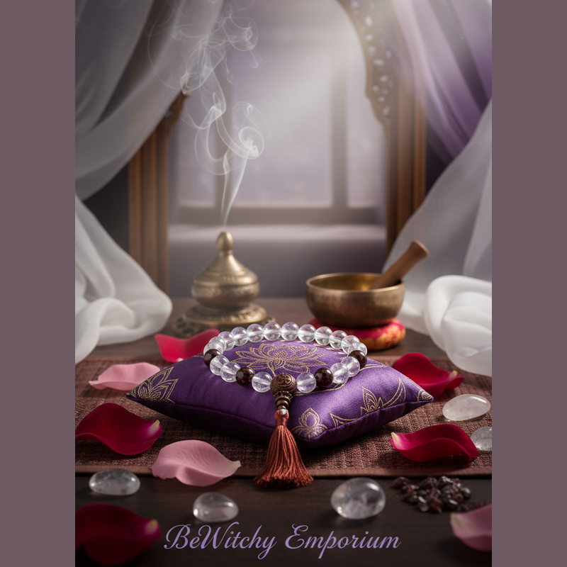 Exact clear quartz and garnet mala bracelet with premium meditation sanctuary ambiance and BeWitchy Emporium watermark