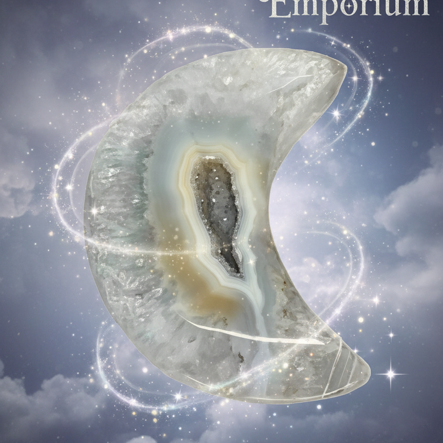 Exact clear quartz crescent moon with divine lunar energy effects