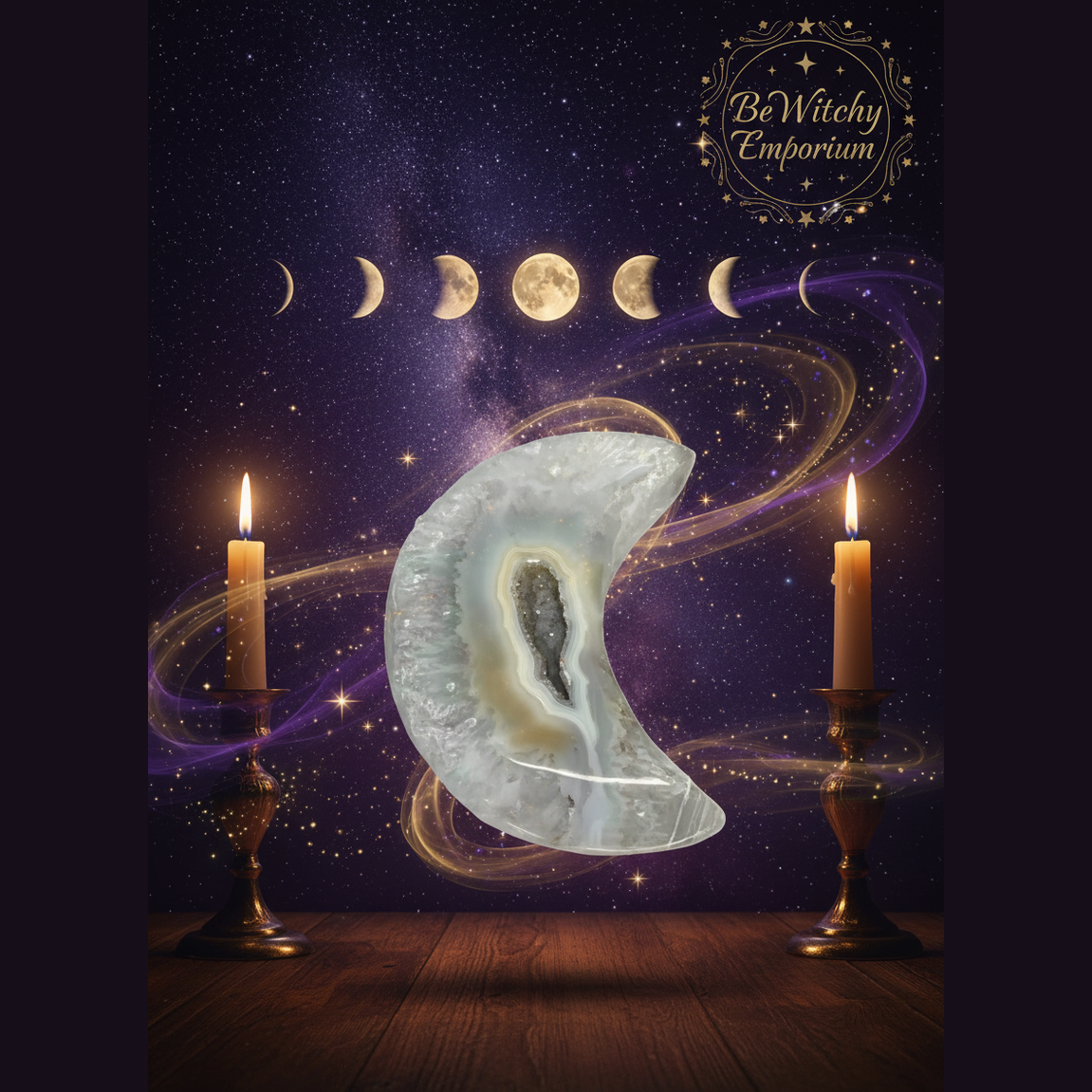 Exact clear quartz crescent moon with professional mystical lunar atmosphere