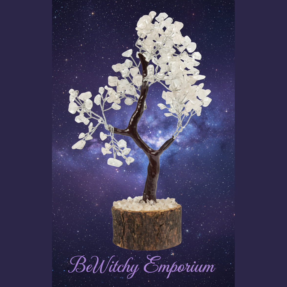 Exact clear quartz crystal tree with cosmic mystical styling and BeWitchy Emporium watermark