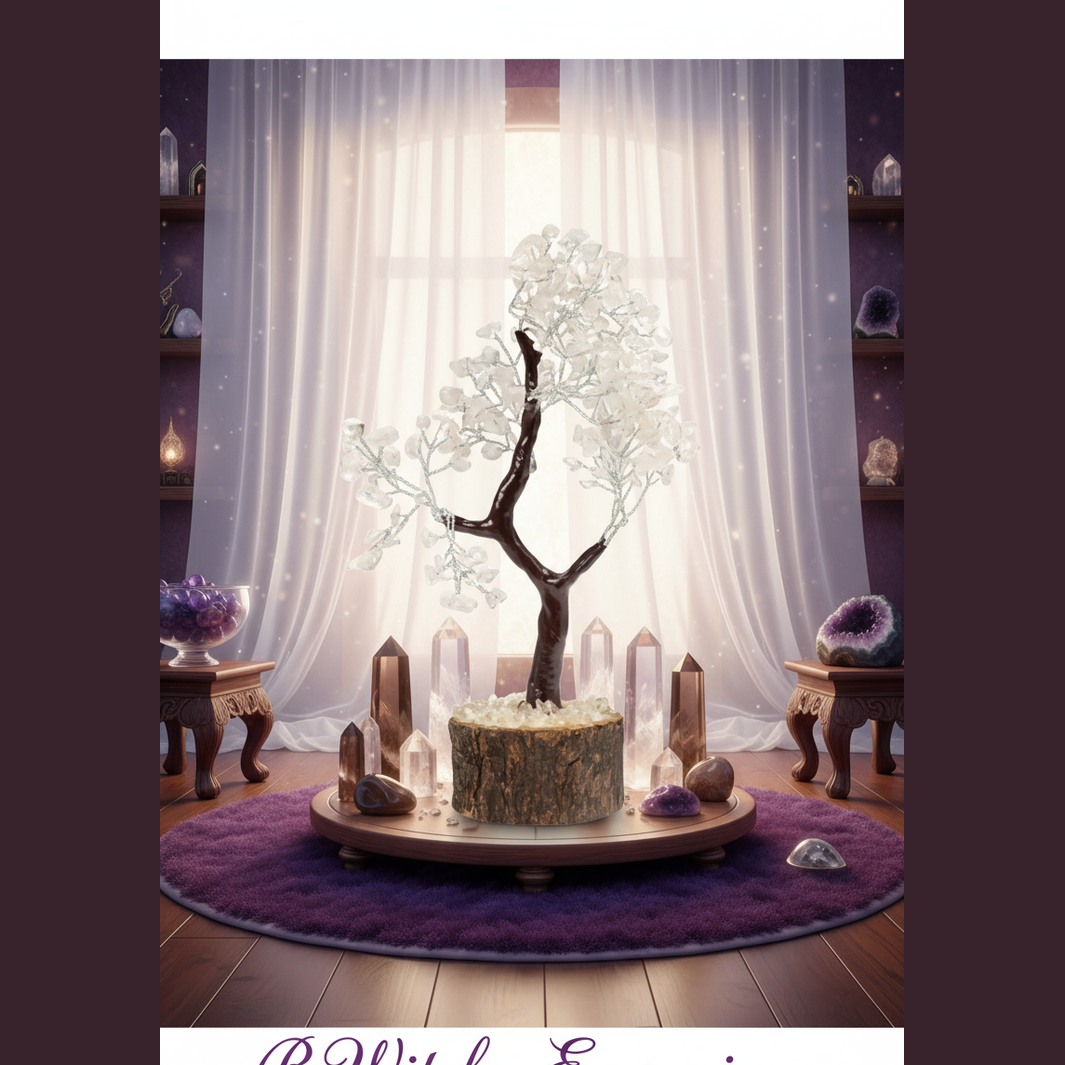 Exact clear quartz crystal tree with premium healing sanctuary ambiance and BeWitchy Emporium watermark