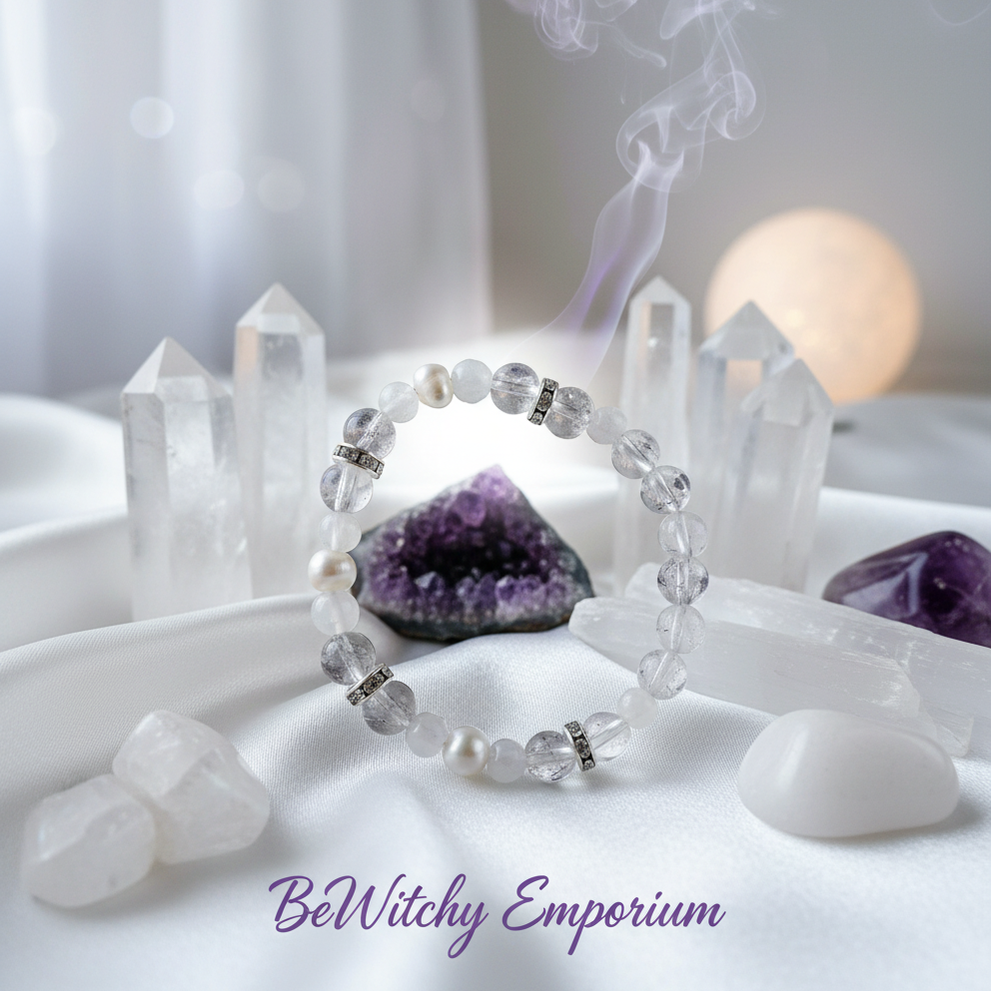 Exact cloudy quartz bracelet with premium healing sanctuary ambiance and BeWitchy Emporium watermark