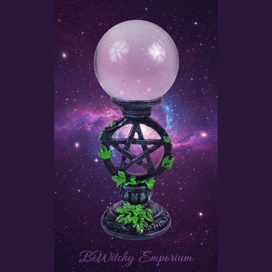 Exact crystal ball with pentagram stand with cosmic mystical styling and BeWitchy Emporium watermark