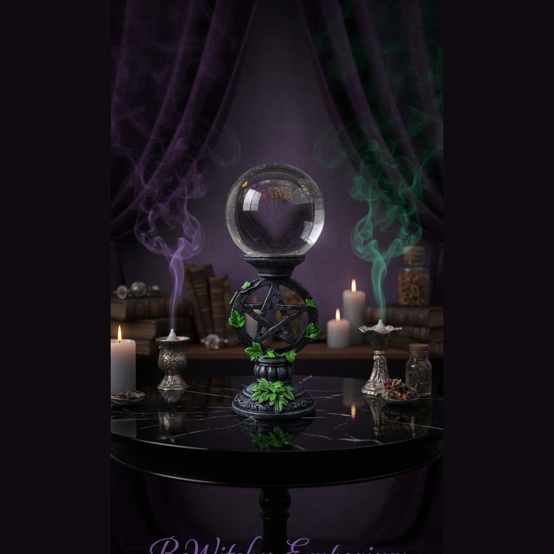 Exact crystal ball with pentagram stand with premium divination sanctuary ambiance and BeWitchy Emporium watermark