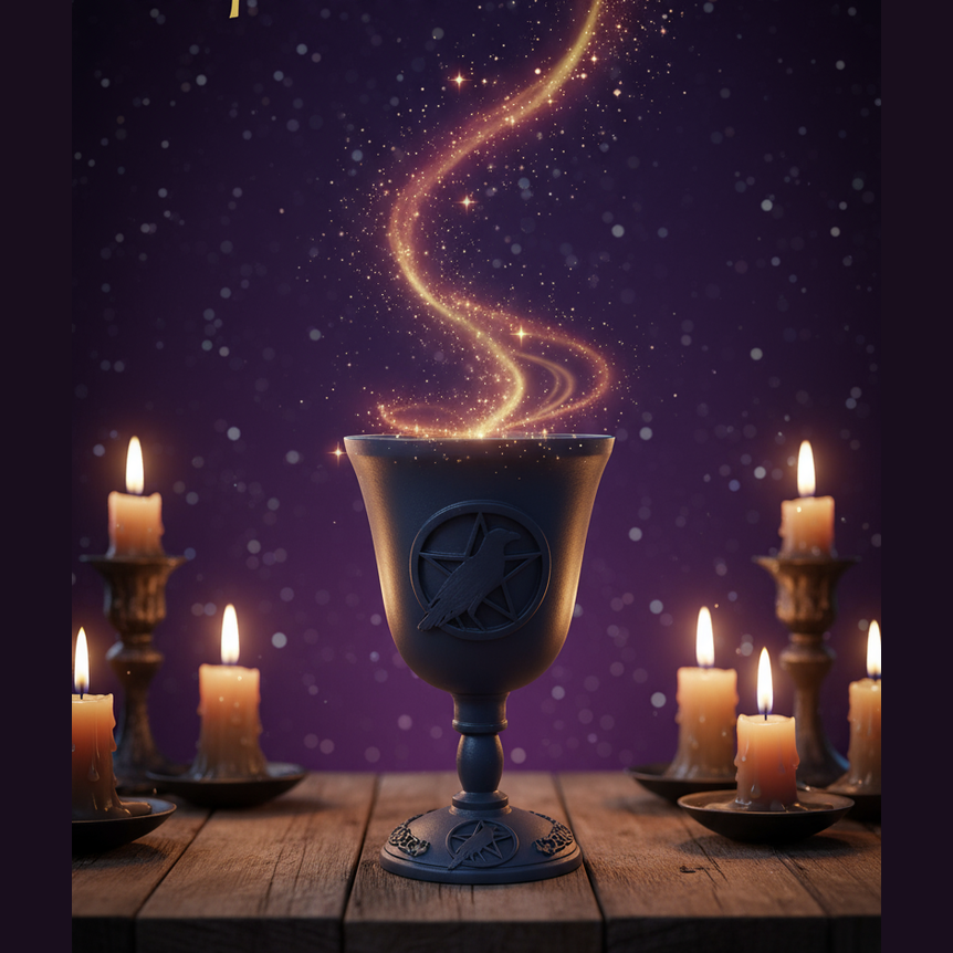Exact dark blue ritual chalice with cosmic mystical styling and BeWitchy Emporium watermark