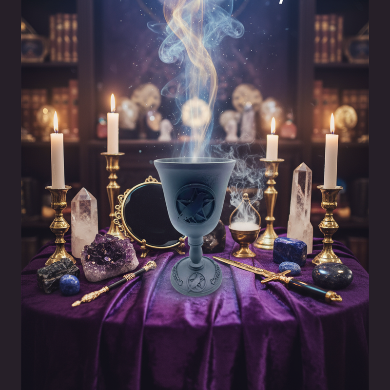 Exact dark blue ritual chalice with premium altar ambiance and BeWitchy Emporium watermark