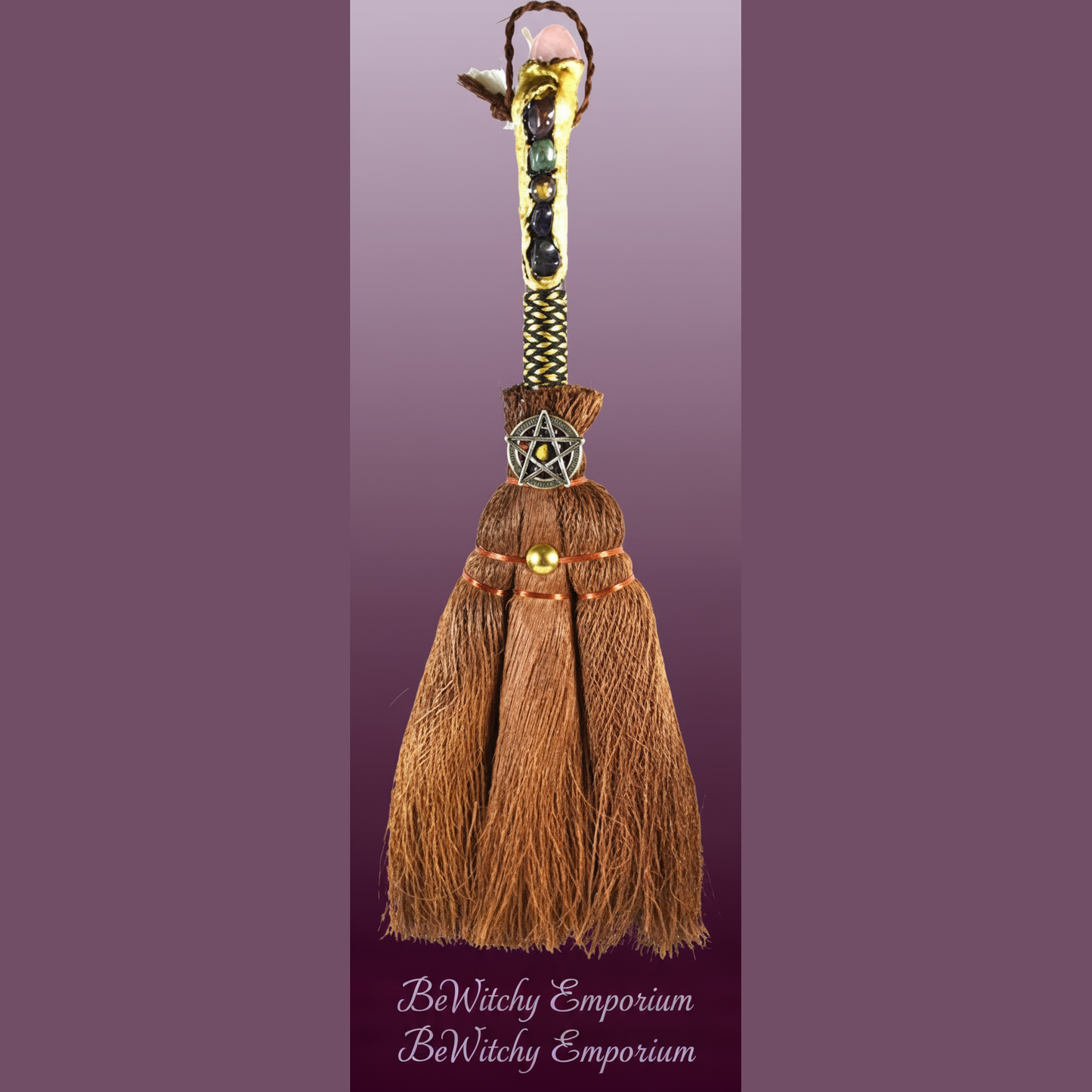 Exact decorative besom broom with pentacle with clean professional styling and BeWitchy Emporium watermark