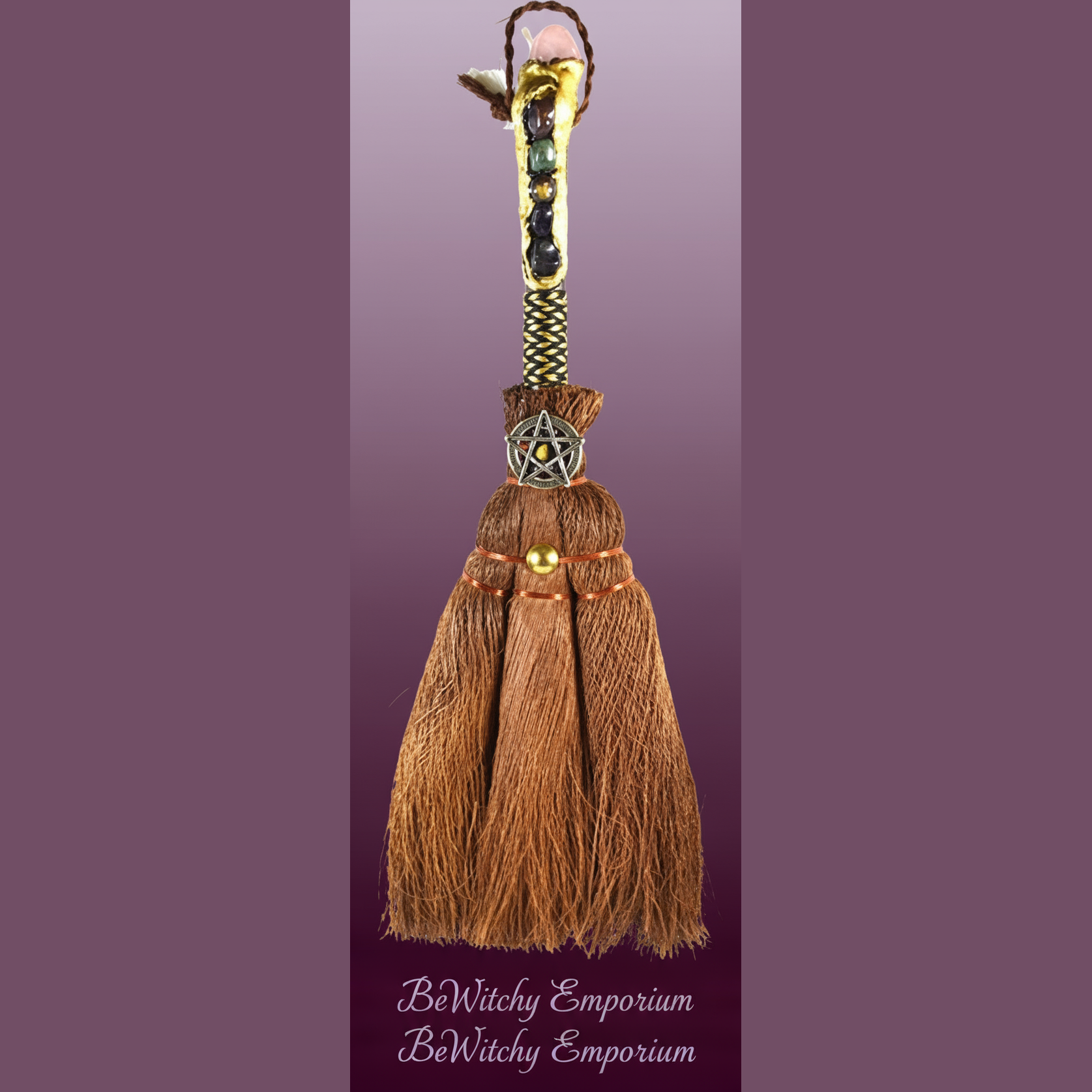 Exact decorative besom broom with pentacle with clean professional styling and BeWitchy Emporium watermark
