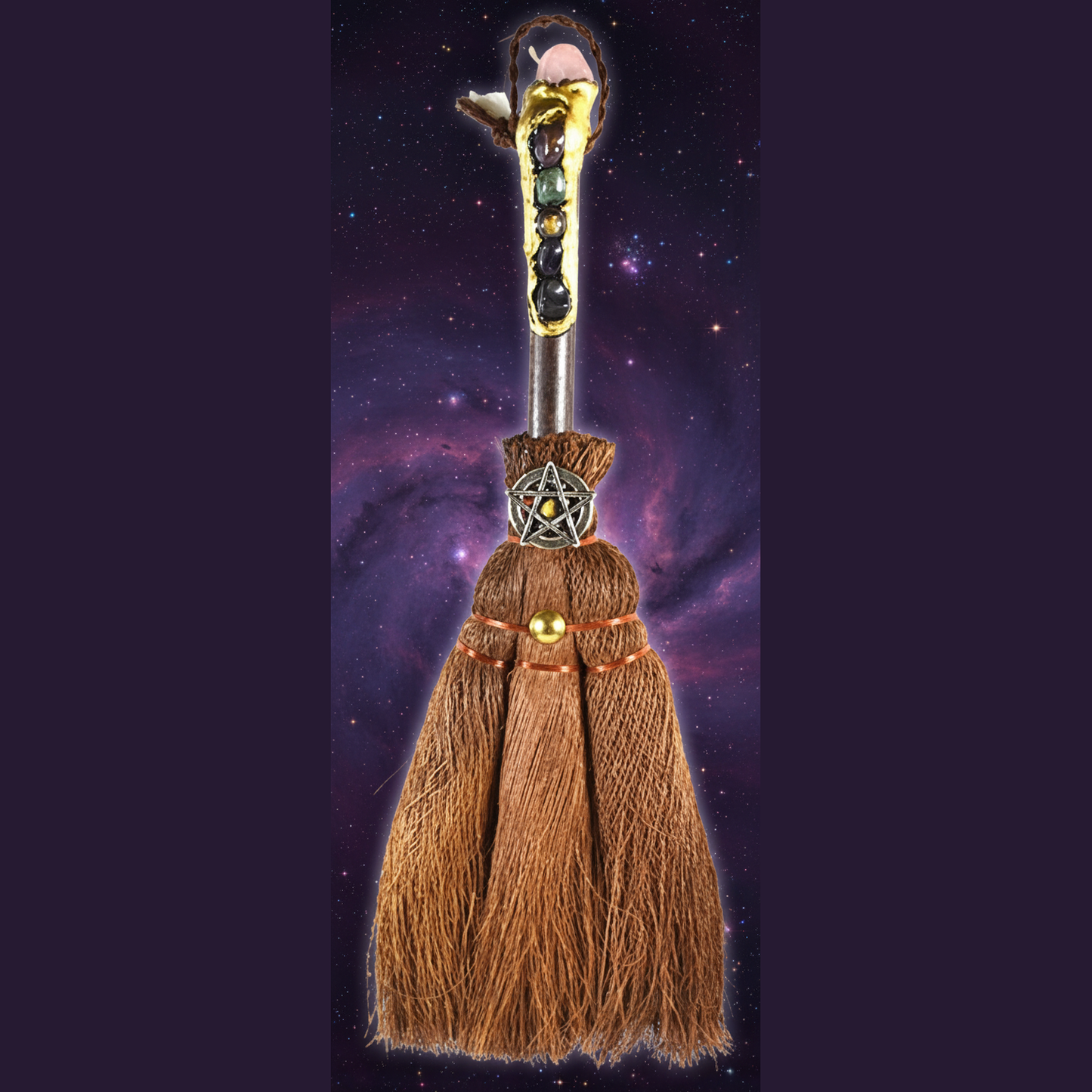 Exact decorative besom broom with pentacle with cosmic mystical styling and BeWitchy Emporium watermark