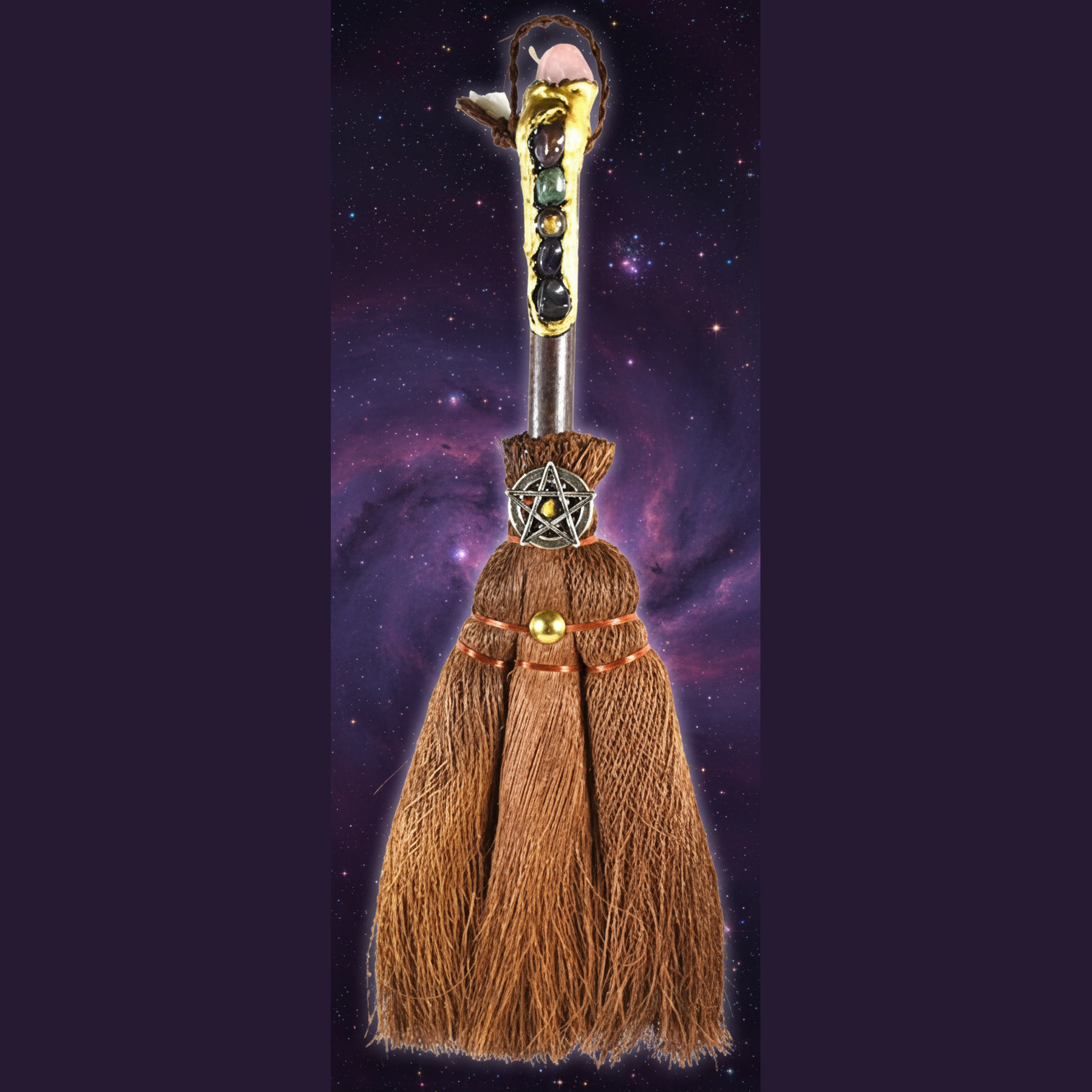 Exact decorative besom broom with pentacle with cosmic mystical styling and BeWitchy Emporium watermark