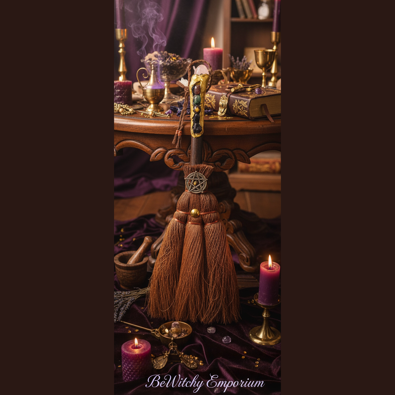 Exact decorative besom broom with pentacle with premium witchcraft altar sanctuary ambiance and BeWitchy Emporium watermark