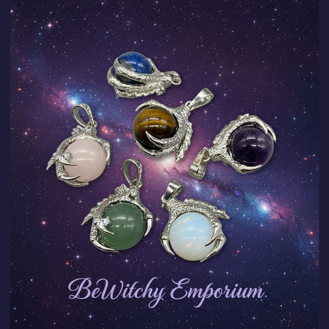 Exact dragon claw gemstone pendant set with cosmic mystical styling and BeWitchy Emporium watermark
