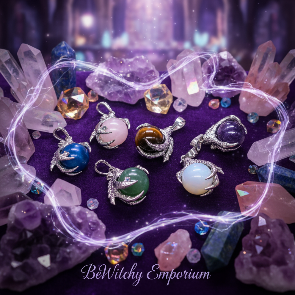 Exact dragon claw gemstone pendant set with premium jewelry sanctuary ambiance and BeWitchy Emporium watermark
