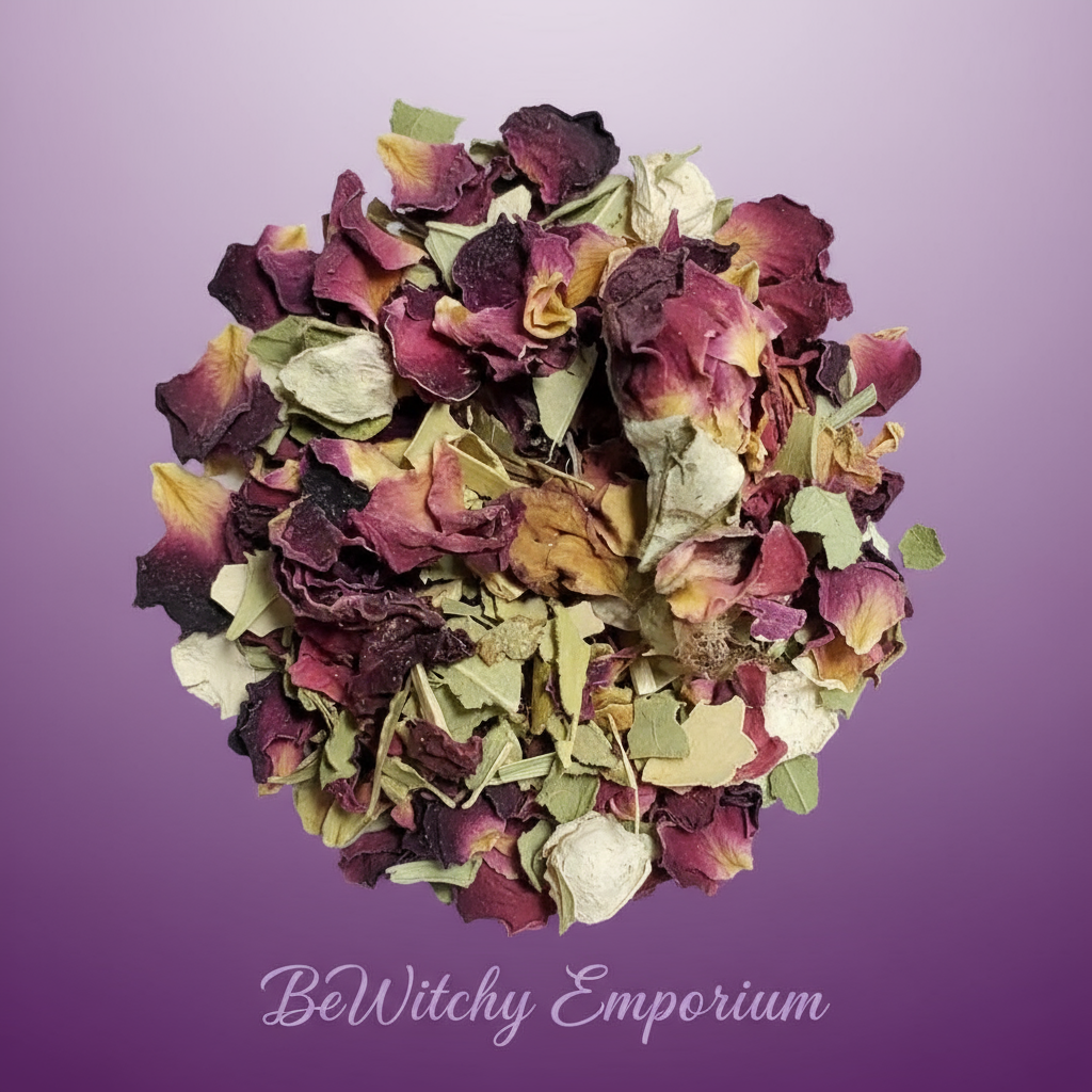 Exact dried rose petals blend with clean professional styling and BeWitchy Emporium watermark