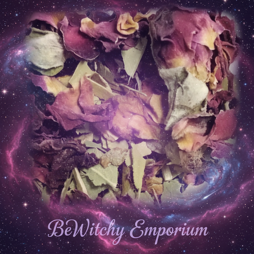 Exact dried rose petals blend with cosmic mystical styling and BeWitchy Emporium watermark