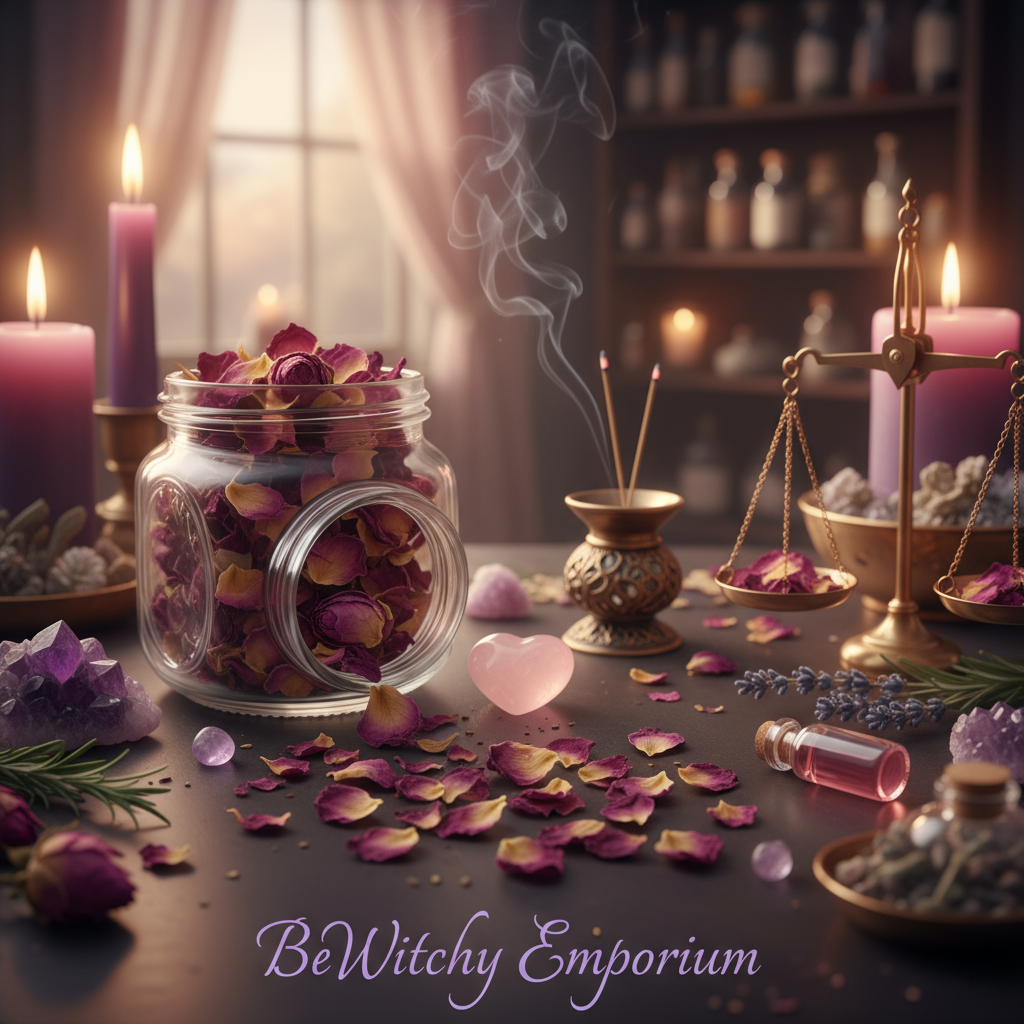 Exact dried rose petals blend with premium herbal apothecary sanctuary ambiance and BeWitchy Emporium watermark