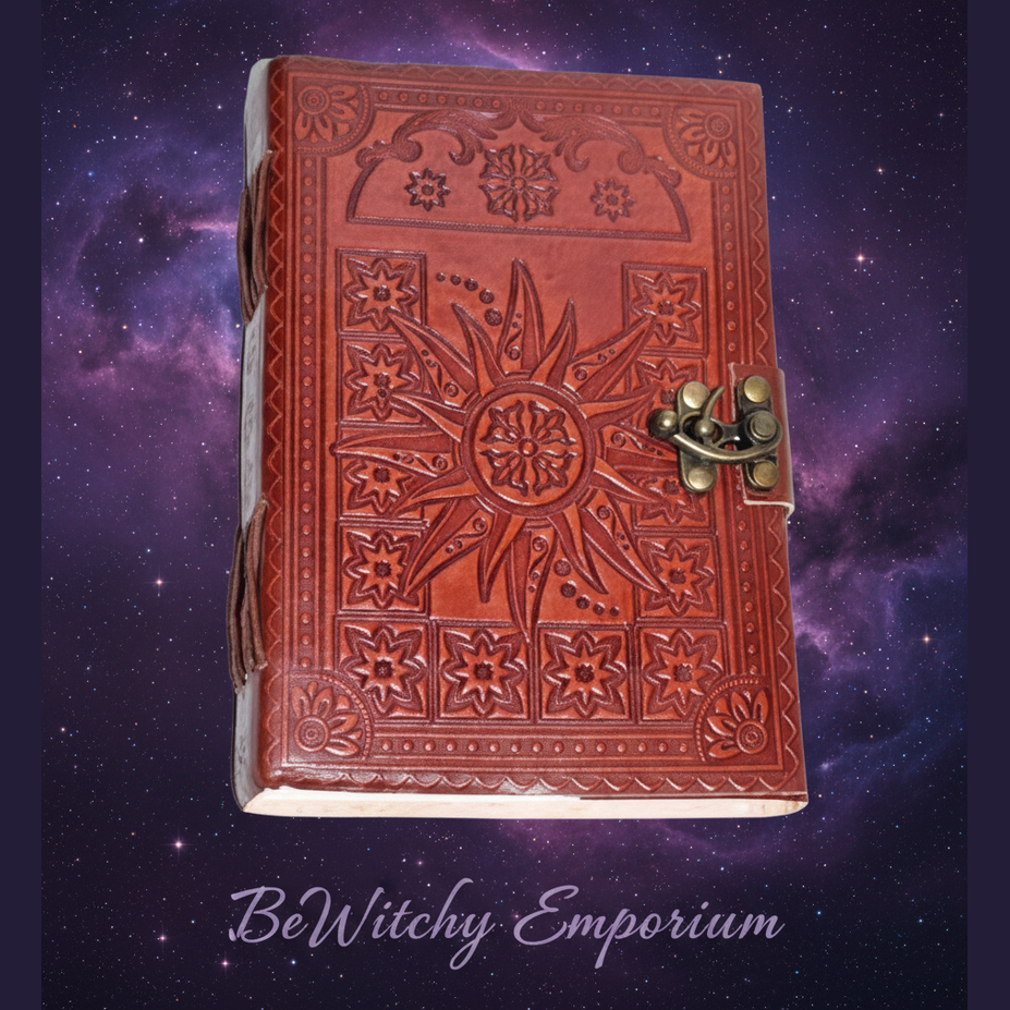 Exact embossed leather journal with cosmic mystical styling and BeWitchy Emporium watermark