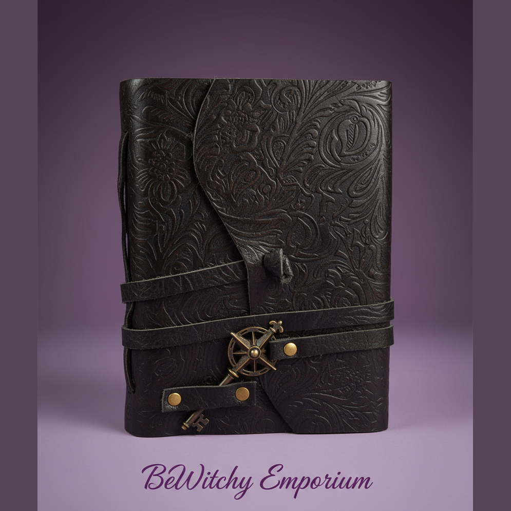 Exact embossed leather journal with moon and star clasp with clean professional styling and BeWitchy Emporium watermark