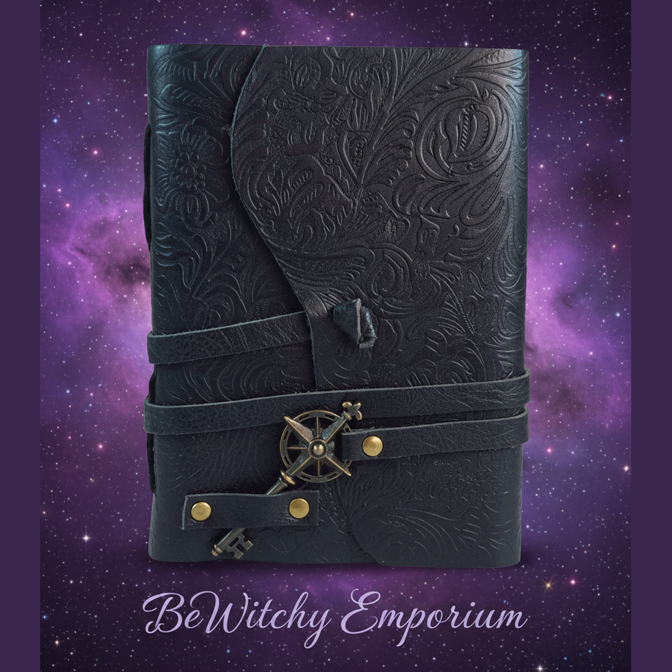 Exact embossed leather journal with moon and star clasp with cosmic mystical styling and BeWitchy Emporium watermark