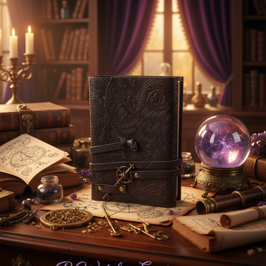 Exact embossed leather journal with moon and star clasp with premium witchcraft library sanctuary ambiance and BeWitchy Emporium watermark