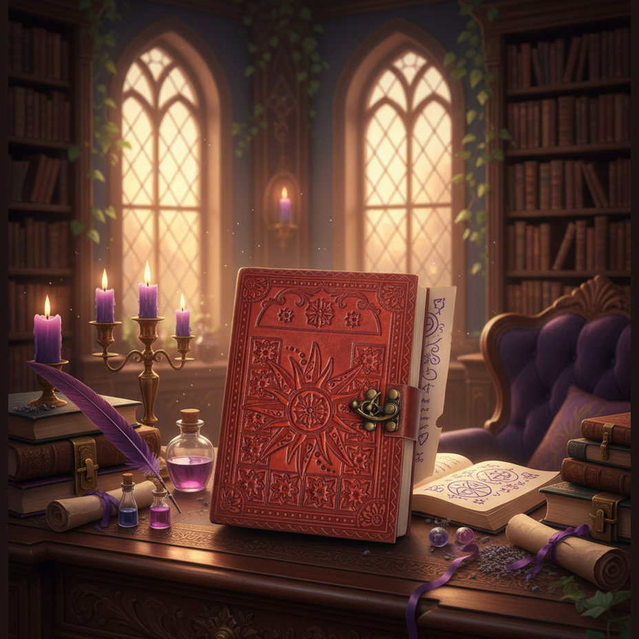 Exact embossed leather journal with premium witchcraft library sanctuary ambiance and BeWitchy Emporium watermark