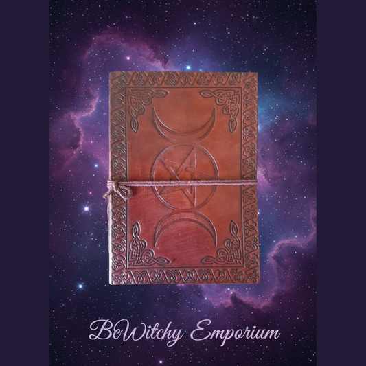 Exact embossed leather triple moon journal with cosmic mystical styling and BeWitchy Emporium watermark