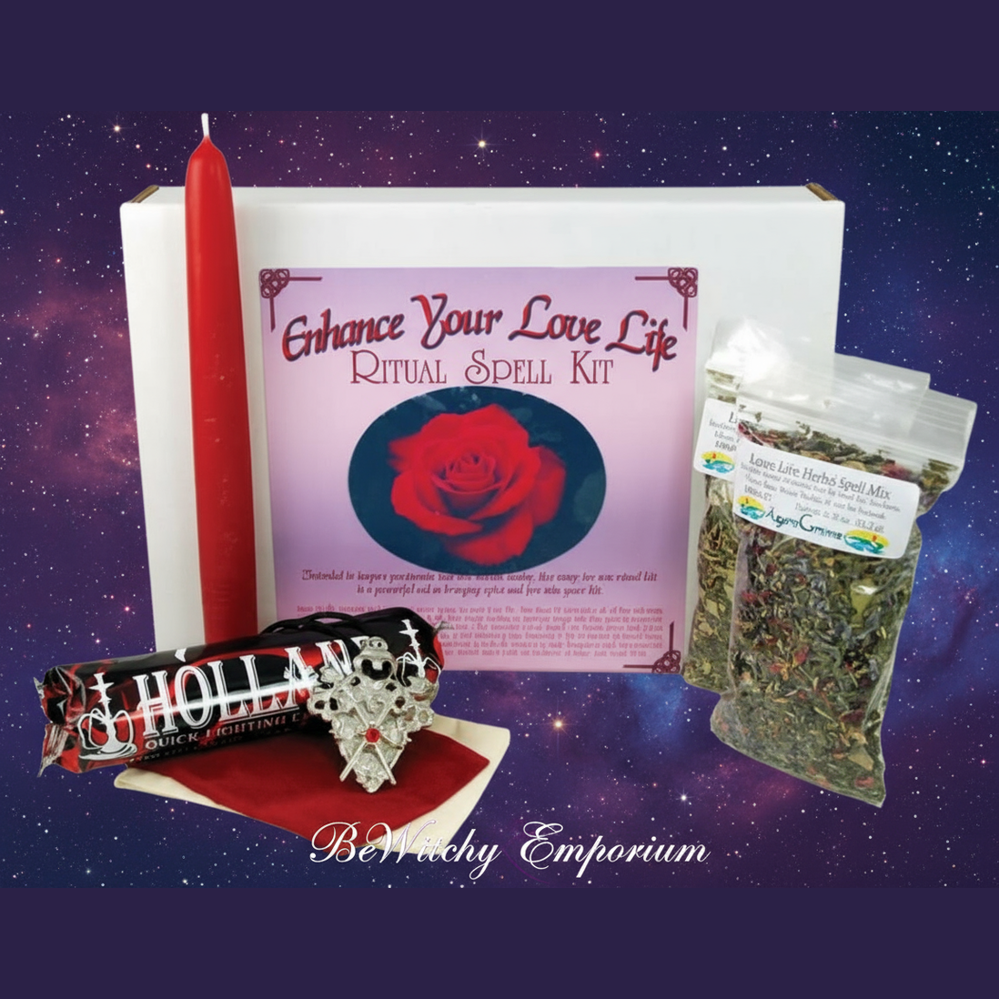 Exact Enhance Your Love Life Ritual Spell Kit with cosmic mystical styling and BeWitchy Emporium watermark