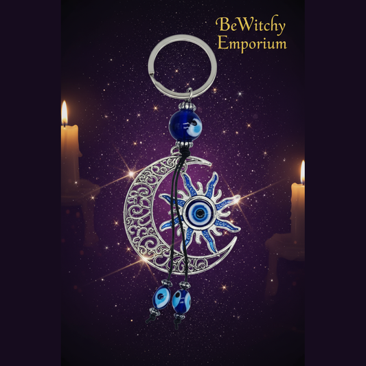 Exact evil eye keychain with cosmic mystical styling and BeWitchy Emporium watermark