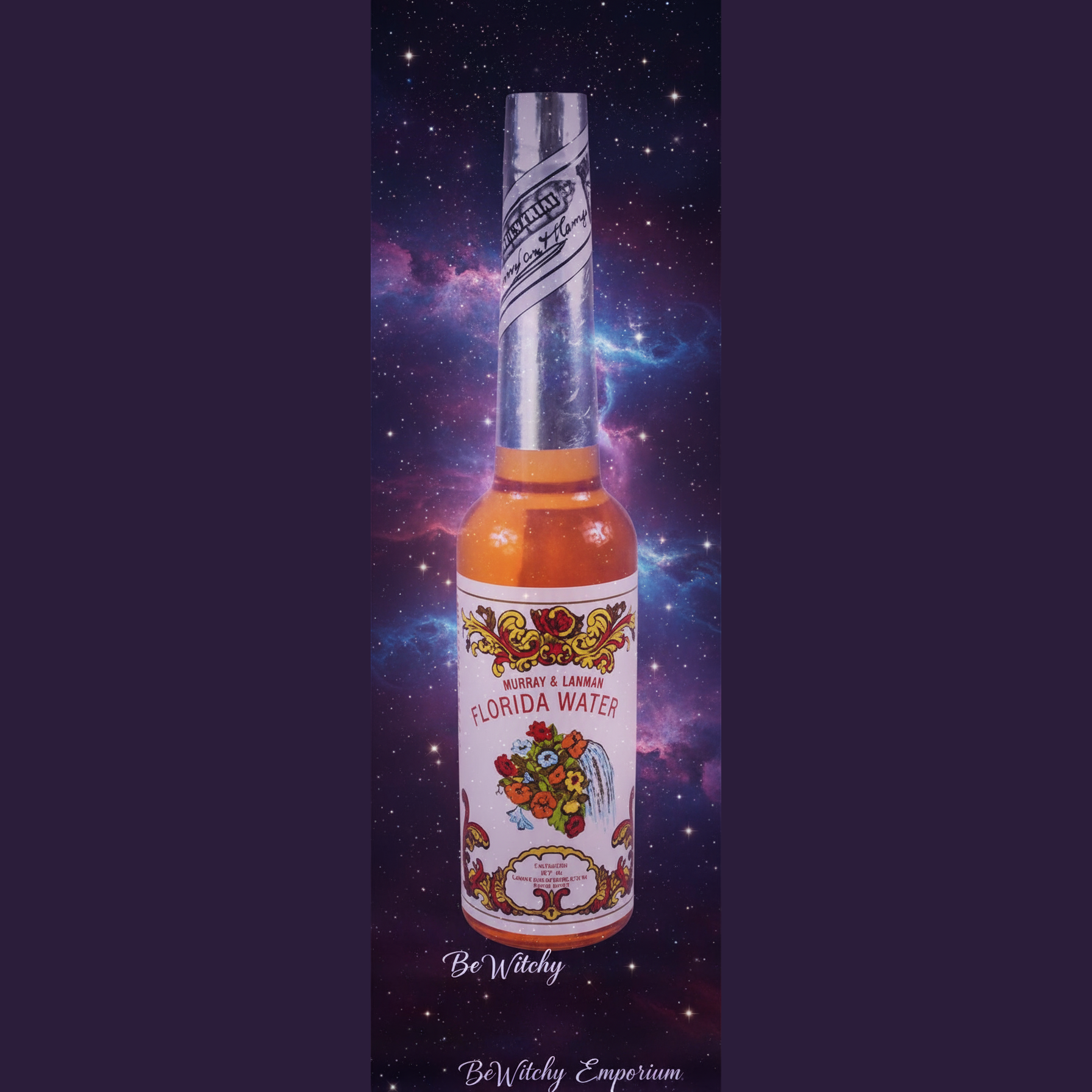 Exact Florida Water cologne bottle with cosmic mystical styling and BeWitchy Emporium watermark