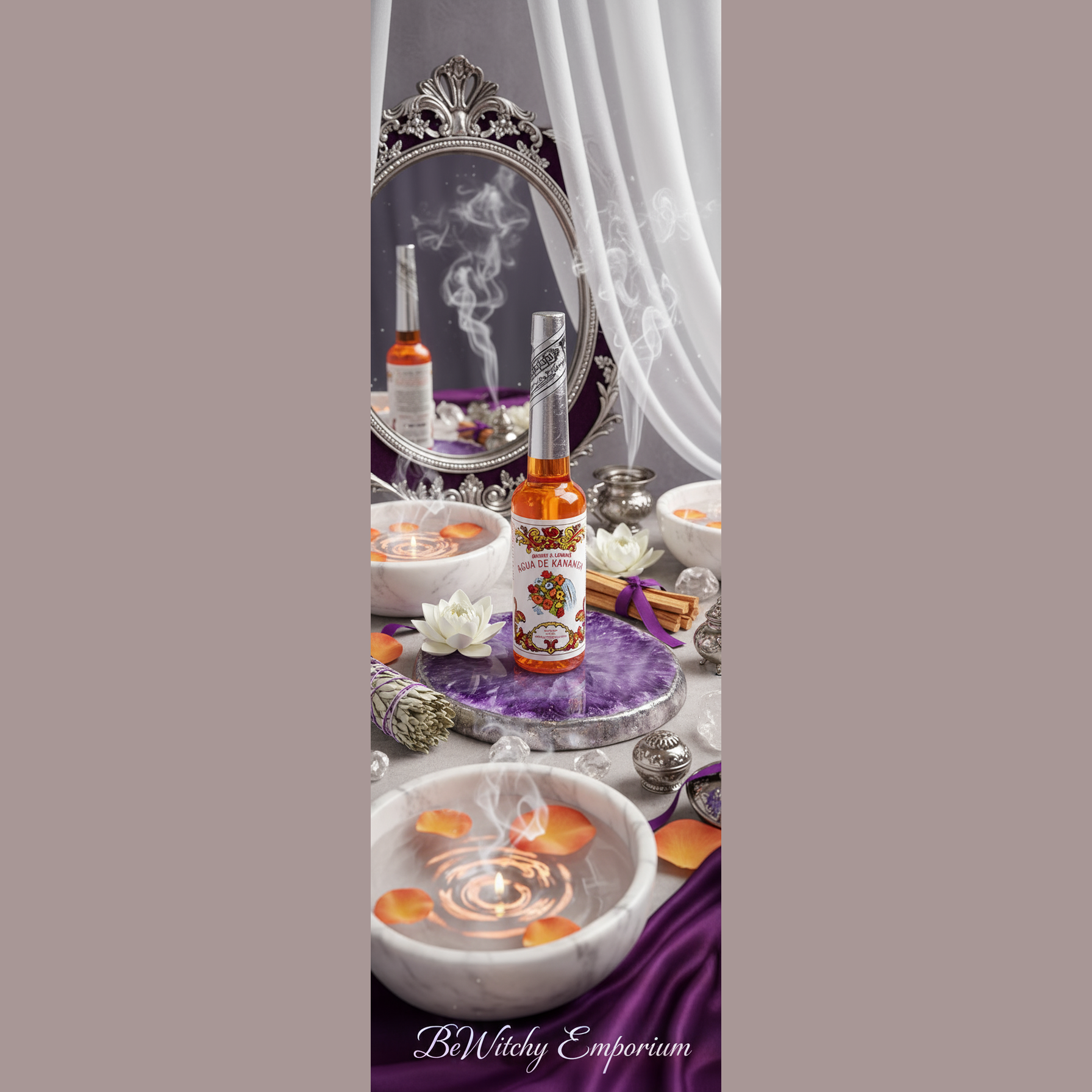 Exact Florida Water cologne bottle with premium spiritual cleansing sanctuary ambiance and BeWitchy Emporium watermark