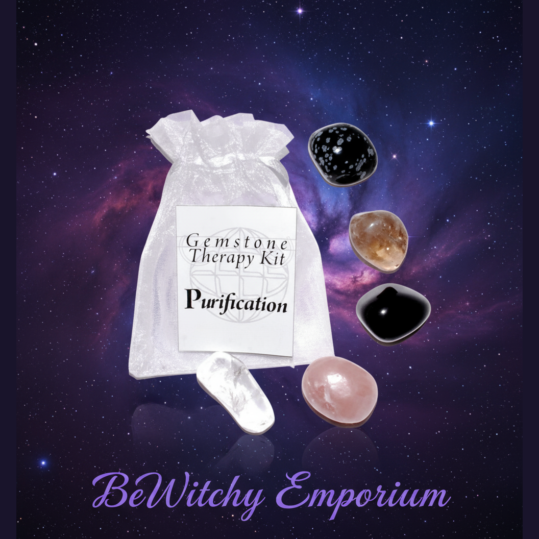 Exact Gemstone Therapy Kit for Purification with cosmic mystical styling and BeWitchy Emporium watermark
