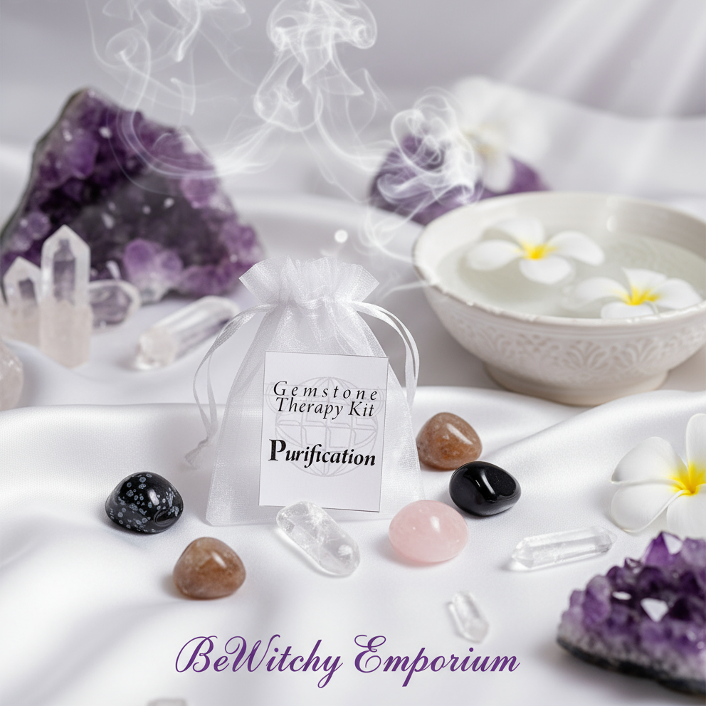 Exact Gemstone Therapy Kit for Purification with premium healing sanctuary ambiance and BeWitchy Emporium watermark