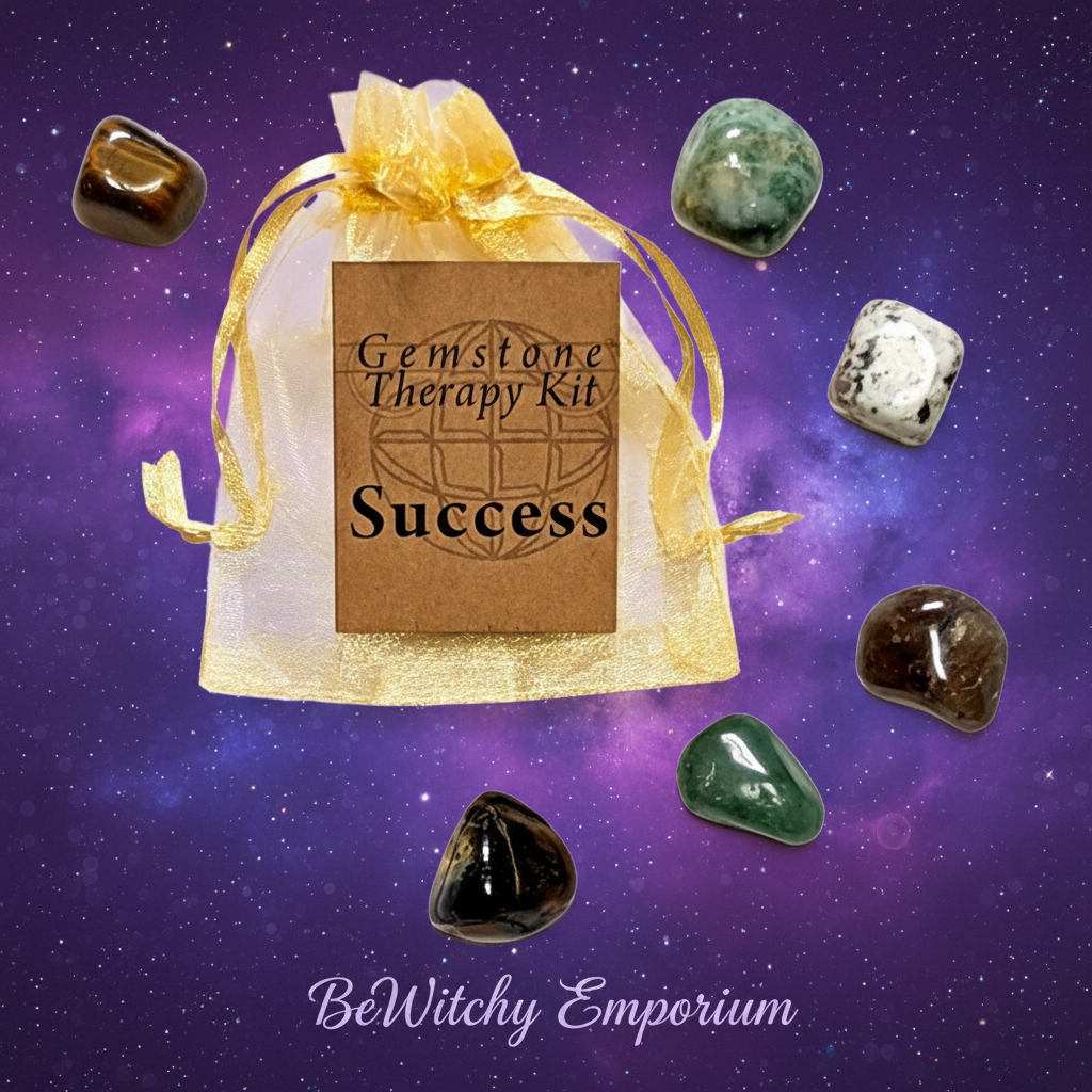 Exact Gemstone Therapy Kit for Success with cosmic mystical styling and BeWitchy Emporium watermark
