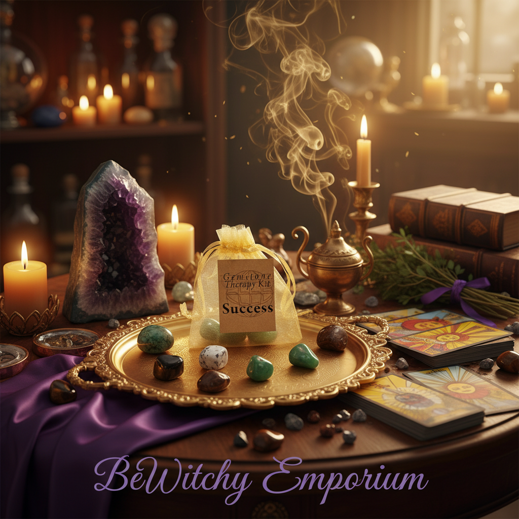 Exact Gemstone Therapy Kit for Success with premium healing sanctuary ambiance and BeWitchy Emporium watermark
